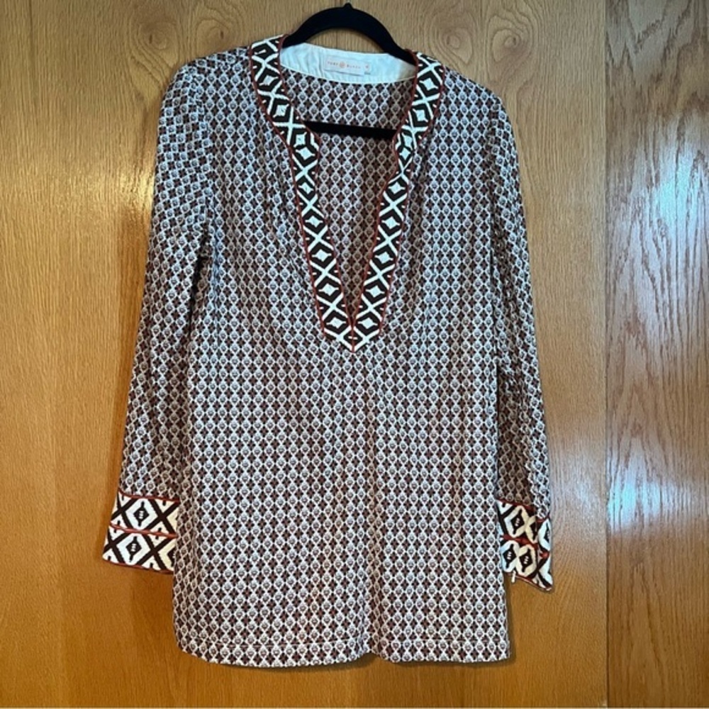 Tory Burch Brown and white Geometric tunic Blouse with embroidered accents